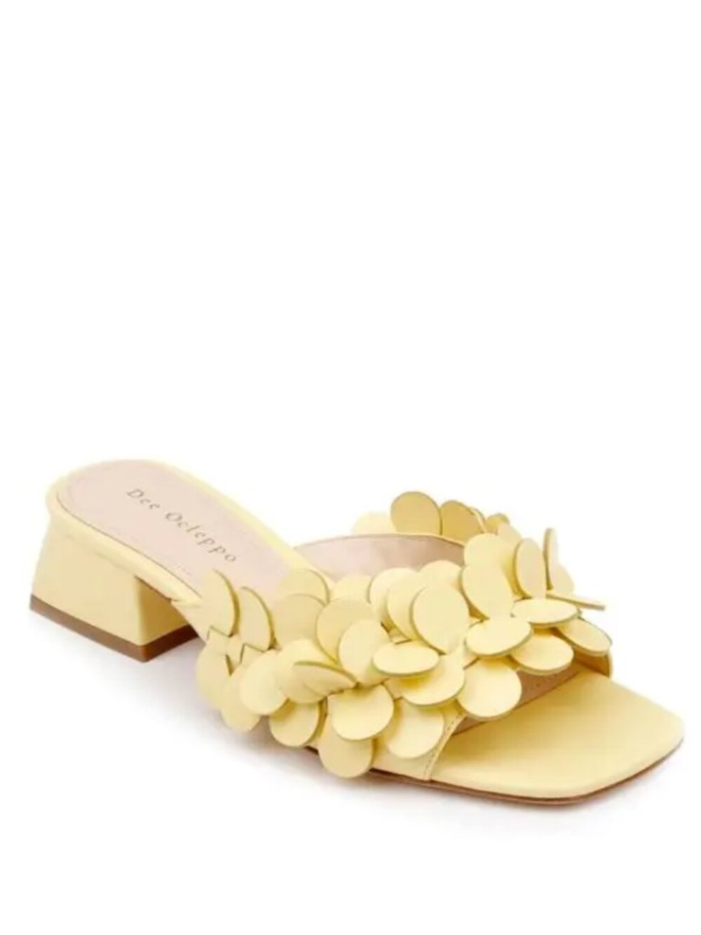 Dee Ocleppo | Yellow Pastel Floral Applique Leather Block Heel Mule